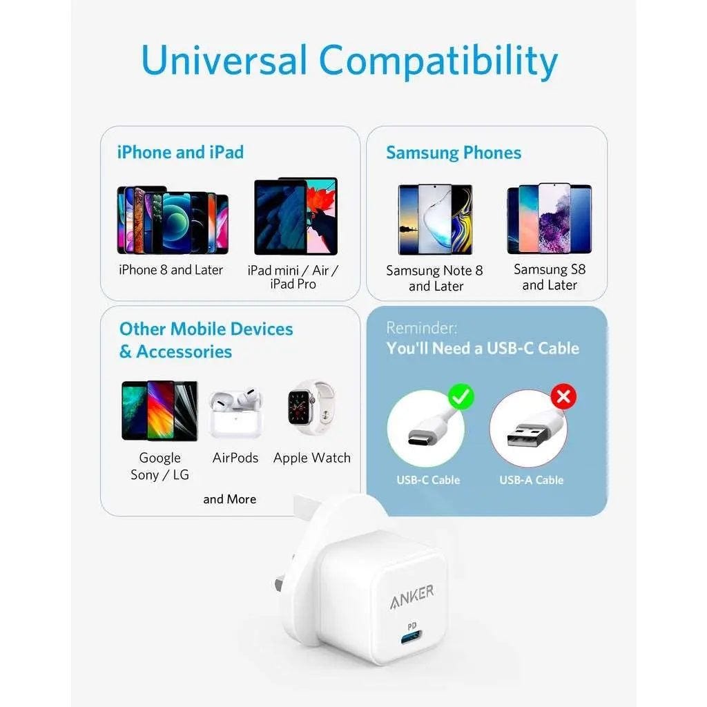 شاحن حائط PowerPort III PD USB-C بقوة 20 واط من Anker | أبيض شاحن حائط PowerPort III PD USB-C بقوة 20 واط من Anker | أبيض